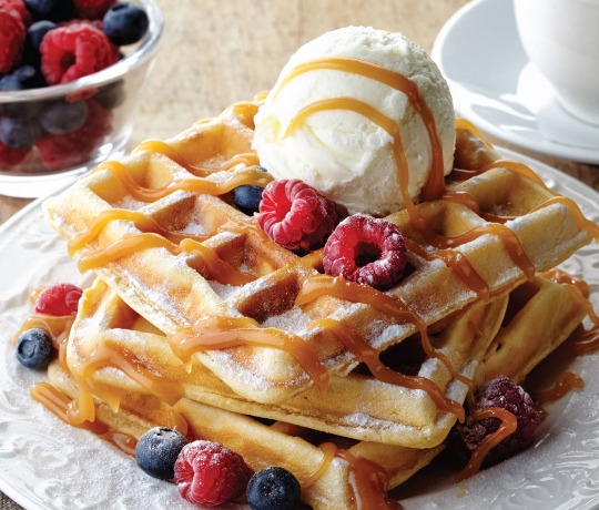 Waffles topped with caramel sauce and ice cream, scattered with berries.